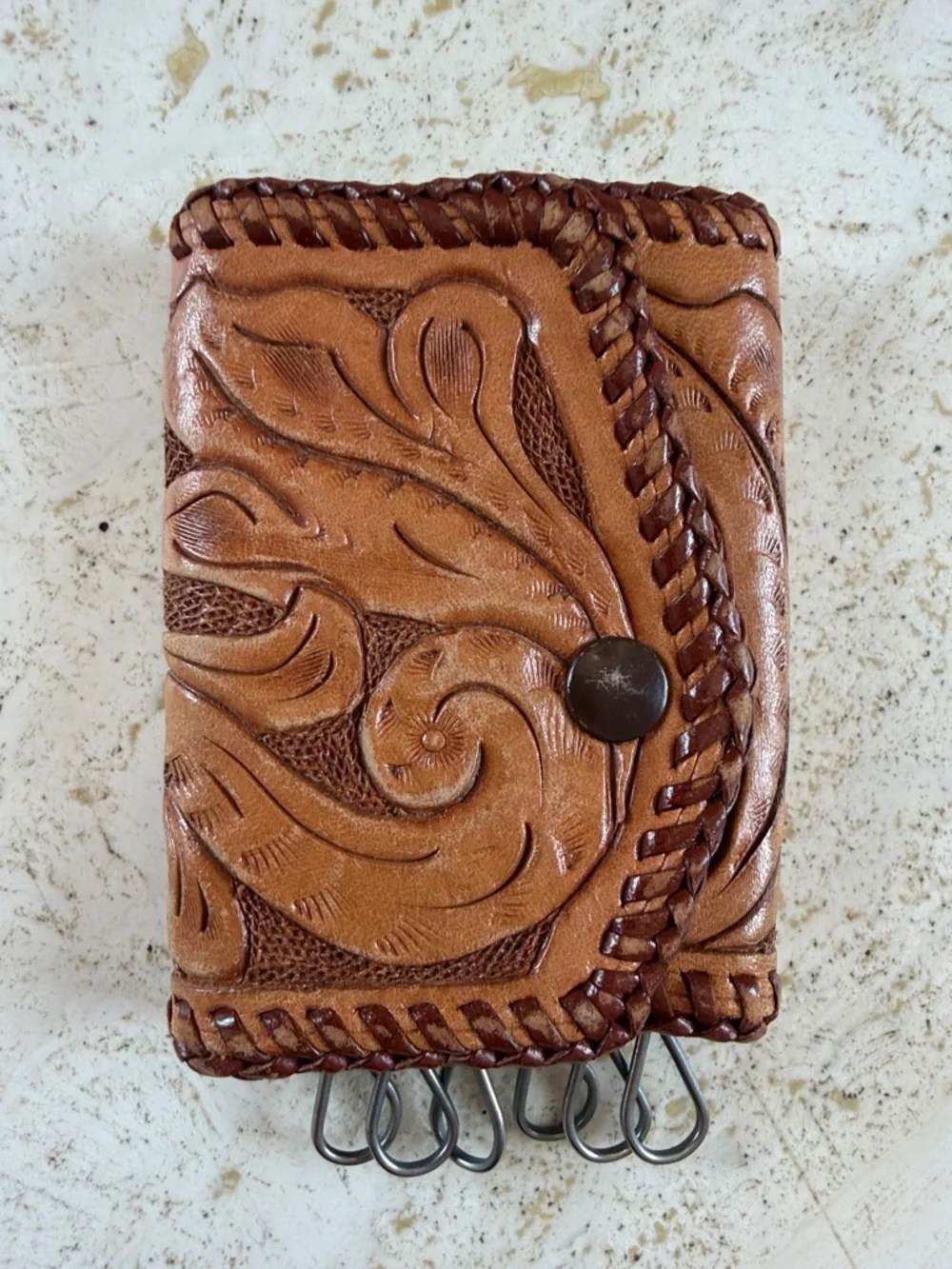 Vintage Hand Tooled Leather Key Holder Unisex Western Floral Whip Stitch Snap